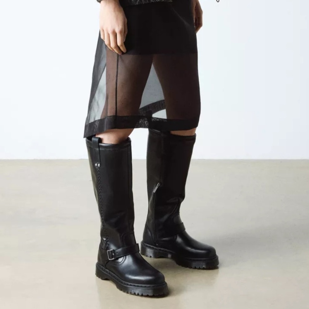 NIB Dr Martens ANISTONE KNEE HIGH Orleans Leather Biker Boots Black 7